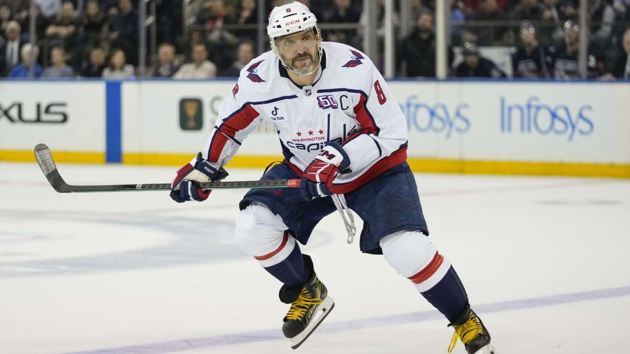 Washington Capitals' Alex Ovechkin (8) skates during the second period of an NHL hockey game against the New York Rangers Wednesday, March 5, 2025, in New York.