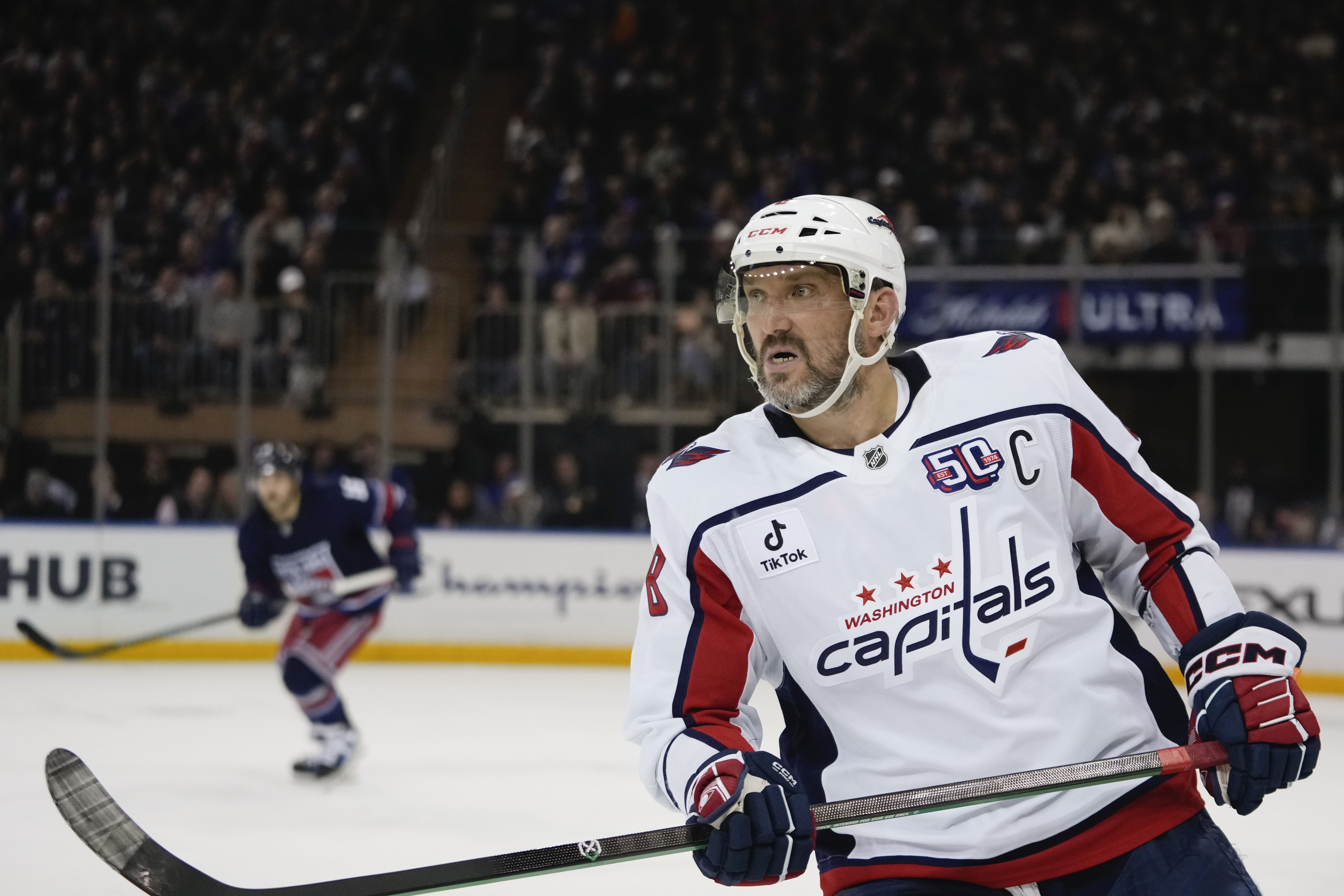 Washington Capitals' Alex Ovechkin (8) skates during the second period of an NHL hockey game against the New York Rangers Wednesday, March 5, 2025, in New York.