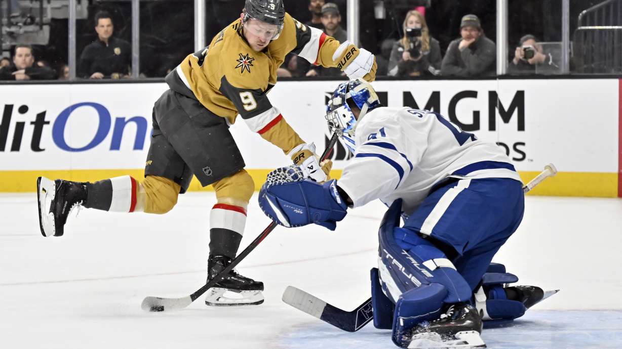 Vegas Golden Knights center Jack Eichel (9) looks to take a shot against Toronto Maple Leafs goaltender Anthony Stolarz (41) during the second period of an NHL hockey game Wednesday, March 5, 2025, in Las Vegas.