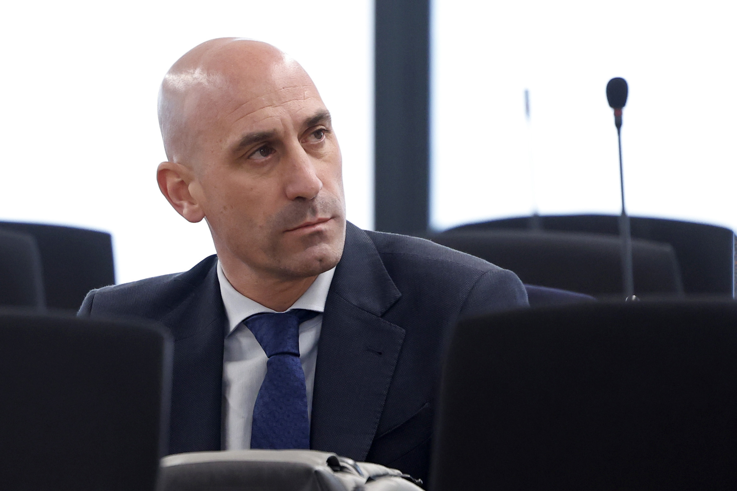FILE - The former president of Spain's soccer federation Luis Rubiales sits in a courtroom on the outskirts of Madrid, Monday Feb. 3, 2025 where he goes on trial for his unsolicited kiss on forward Jenni Hermoso. 