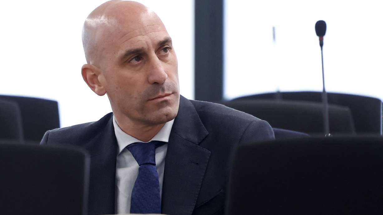 FILE - The former president of Spain's soccer federation Luis Rubiales sits in a courtroom on the outskirts of Madrid, Monday Feb. 3, 2025 where he goes on trial for his unsolicited kiss on forward Jenni Hermoso.