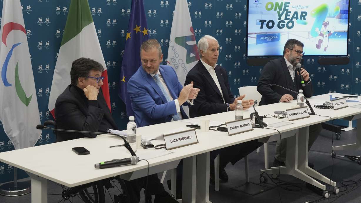 From left: Italian Paralympic Commitee President Luca Pancalli, President of the International Paralympic Committee Andrew Parsons, and Milano Cortina 2026 Foundation President Giovanni Malago attend at the ceremony 'One Year To Go' for the 2026 Milano-Cortina Paralympics Winter Games , in Milan, Italy, Wednesday, March 5, 2025.