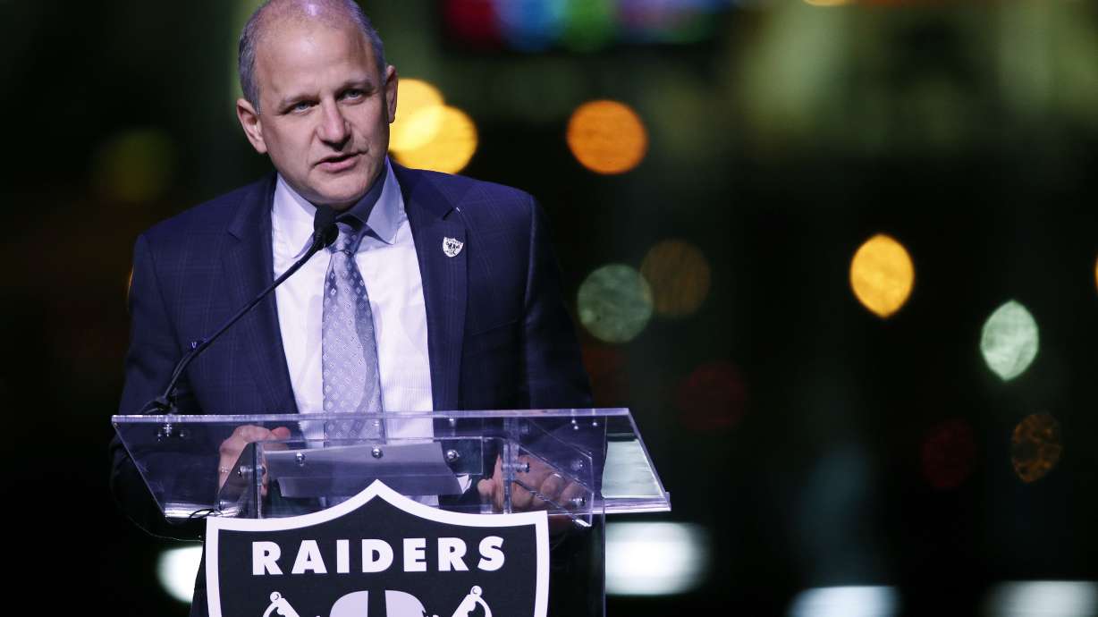FILE - In this Nov. 13, 2017, file photo, Oakland Raiders President Marc Badain speaks during a ceremonial groundbreaking for the Raiders' stadium in Las Vegas.