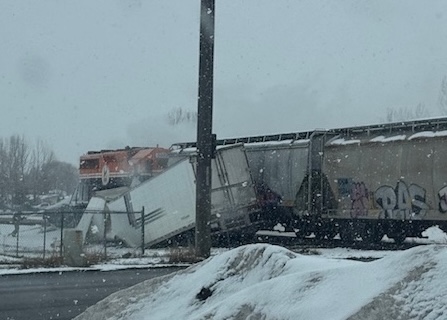 Semitruck catches fire in Sugar City, Idaho, after collision with train