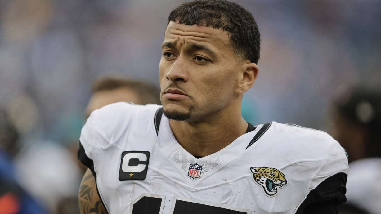 FILE - Jacksonville Jaguars tight end Evan Engram (17) on the sideline during the second half of an NFL football game against the Tennessee Titans, Dec. 8, 2024, in Nashville, Tenn.