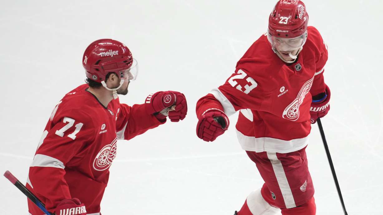 Detroit Red Wings left wing Lucas Raymond (23) celebrates his goal with Dylan Larkin (71) in the third period of an NHL hockey game against the Minnesota Wild, Saturday, Feb. 22, 2025, in Detroit.