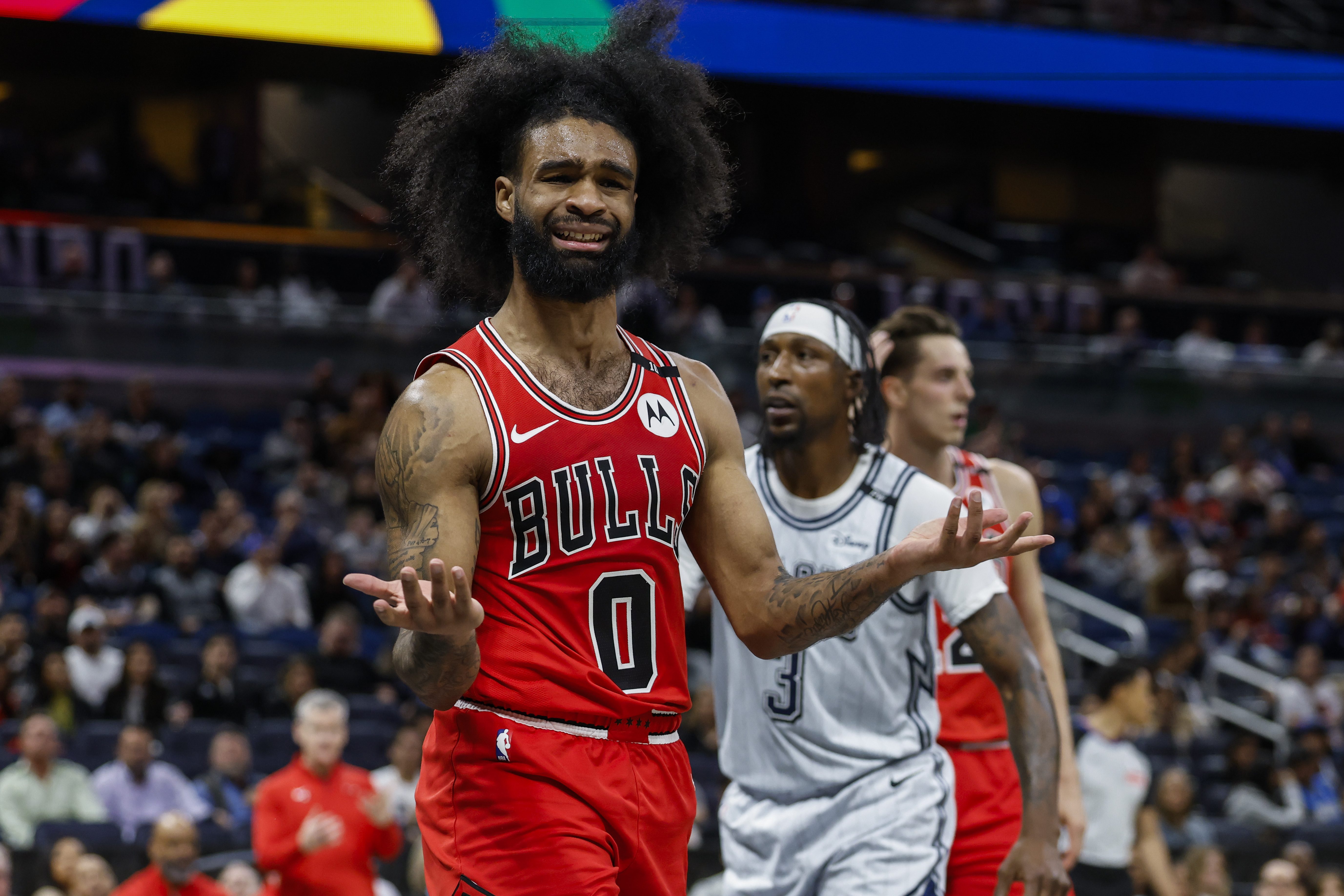 Chicago Bulls guard Coby White (0) reacts to the referees as his team play the Orlando Magic during the second half of an NBA basketball game, Thursday, March 6, 2025, in Orlando, Fla. 