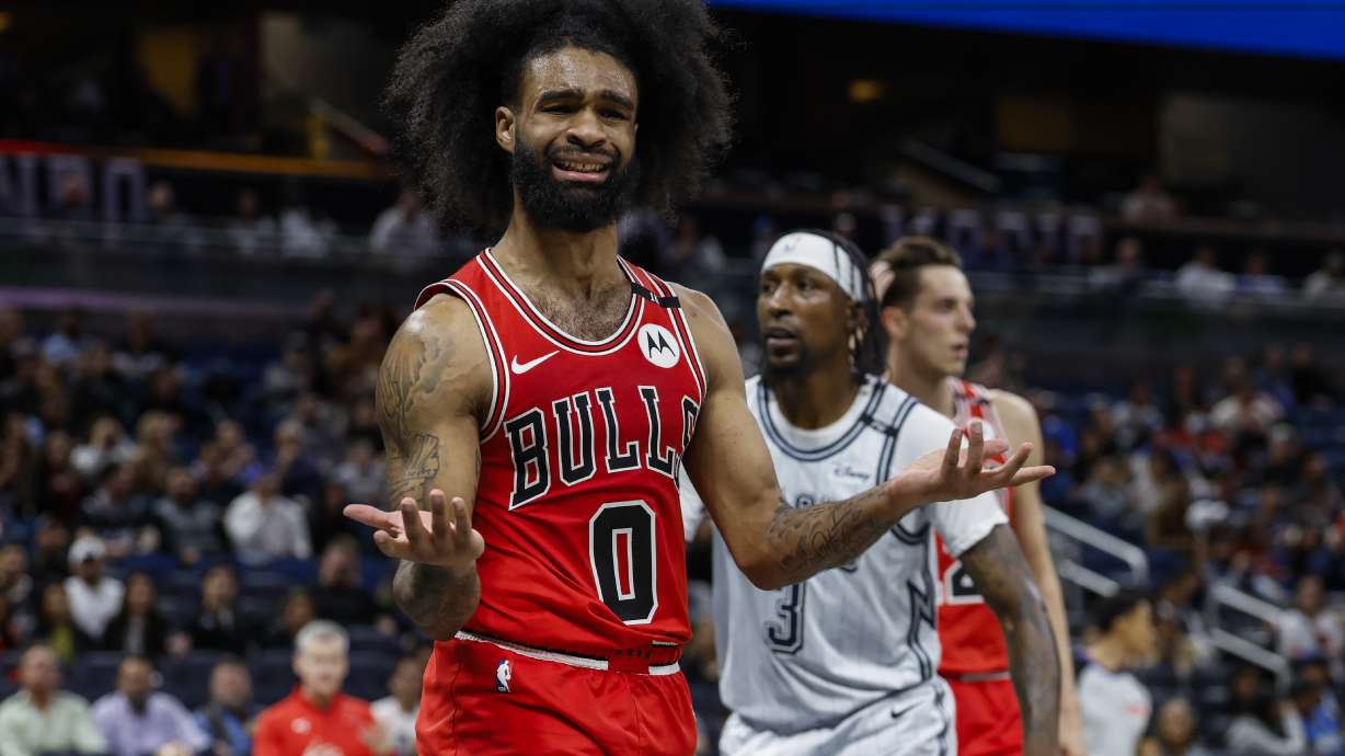 Chicago Bulls guard Coby White (0) reacts to the referees as his team play the Orlando Magic during the second half of an NBA basketball game, Thursday, March 6, 2025, in Orlando, Fla.