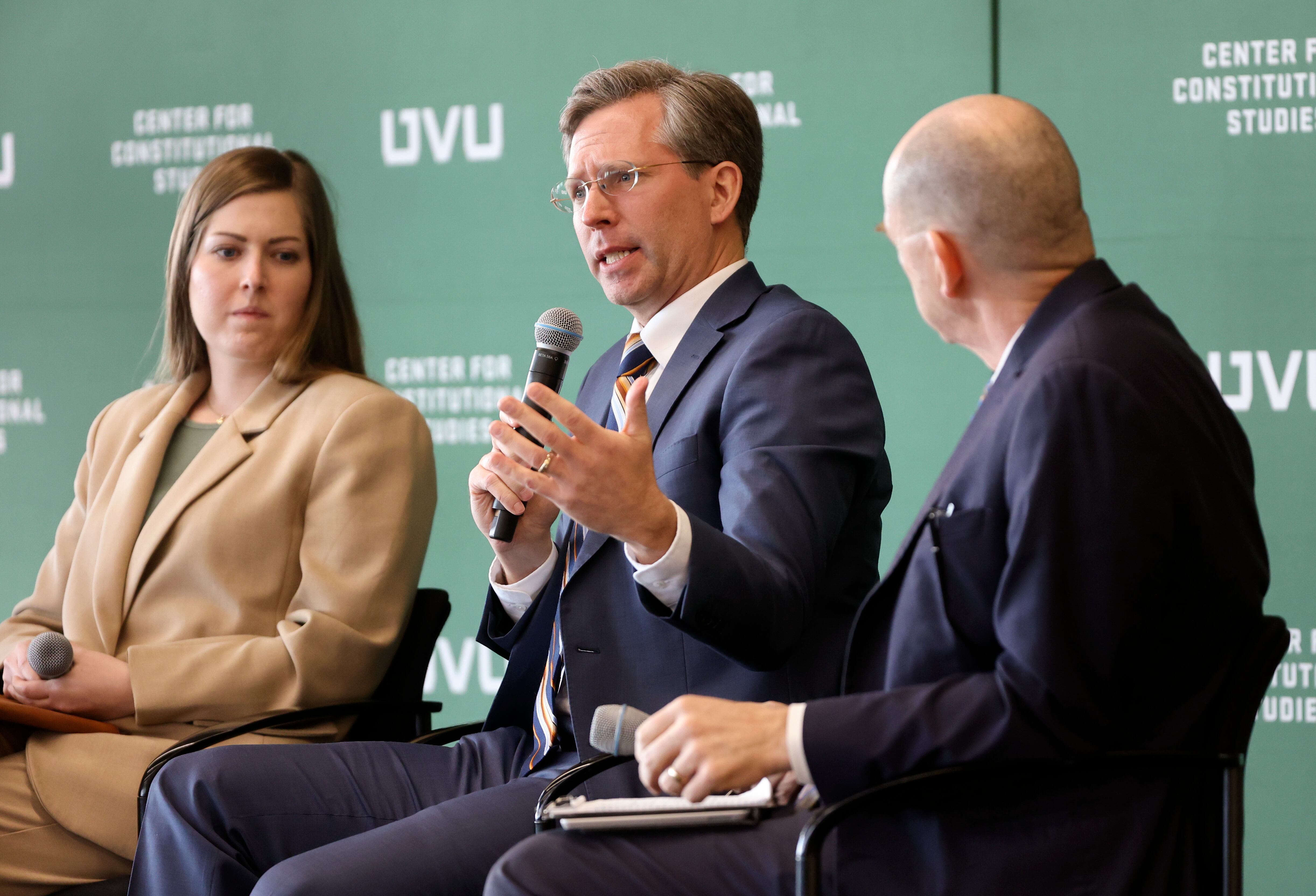 Michael Erickson, Ray Quinney and Nebeker partner, speaks at the First Amendment Conference, hosted by Utah Valley University’s Center for Constitutional Studies, at UVU in Orem on Thursday. Erin Smith, First Liberty Institute associate counsel, is on the left.