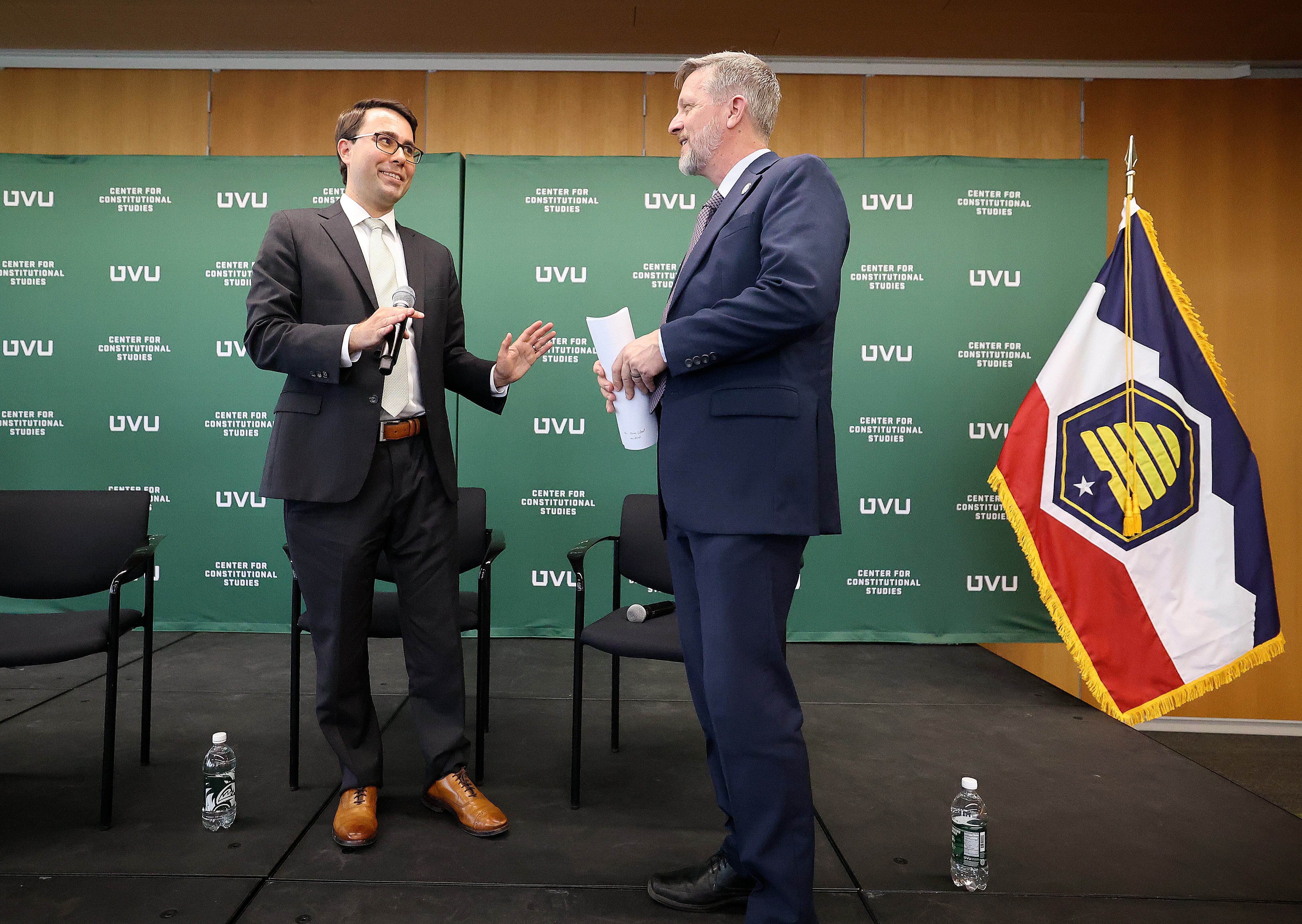 Michael Breidenbach, Ave Maria University associate professor of history, talks with Troy Smith, Utah Valley University civics and law professor of constitutional government, at the First Amendment Conference, hosted by Utah Valley University’s Center for Constitutional Studies, at UVU in Orem on Thursday. Both spoke on a “Religious Liberty and the American Revolution” panel.