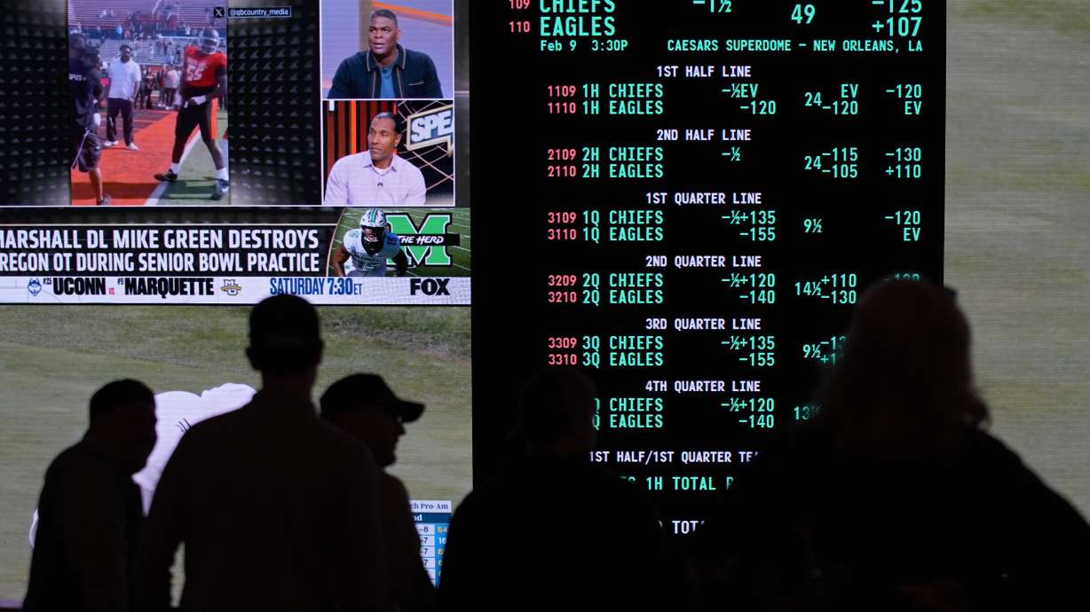 FILE - Betting odds for Super Bowl LIX are displayed on monitors at the Circa resort and casino sports book, Jan. 30, 2025, in Las Vegas.