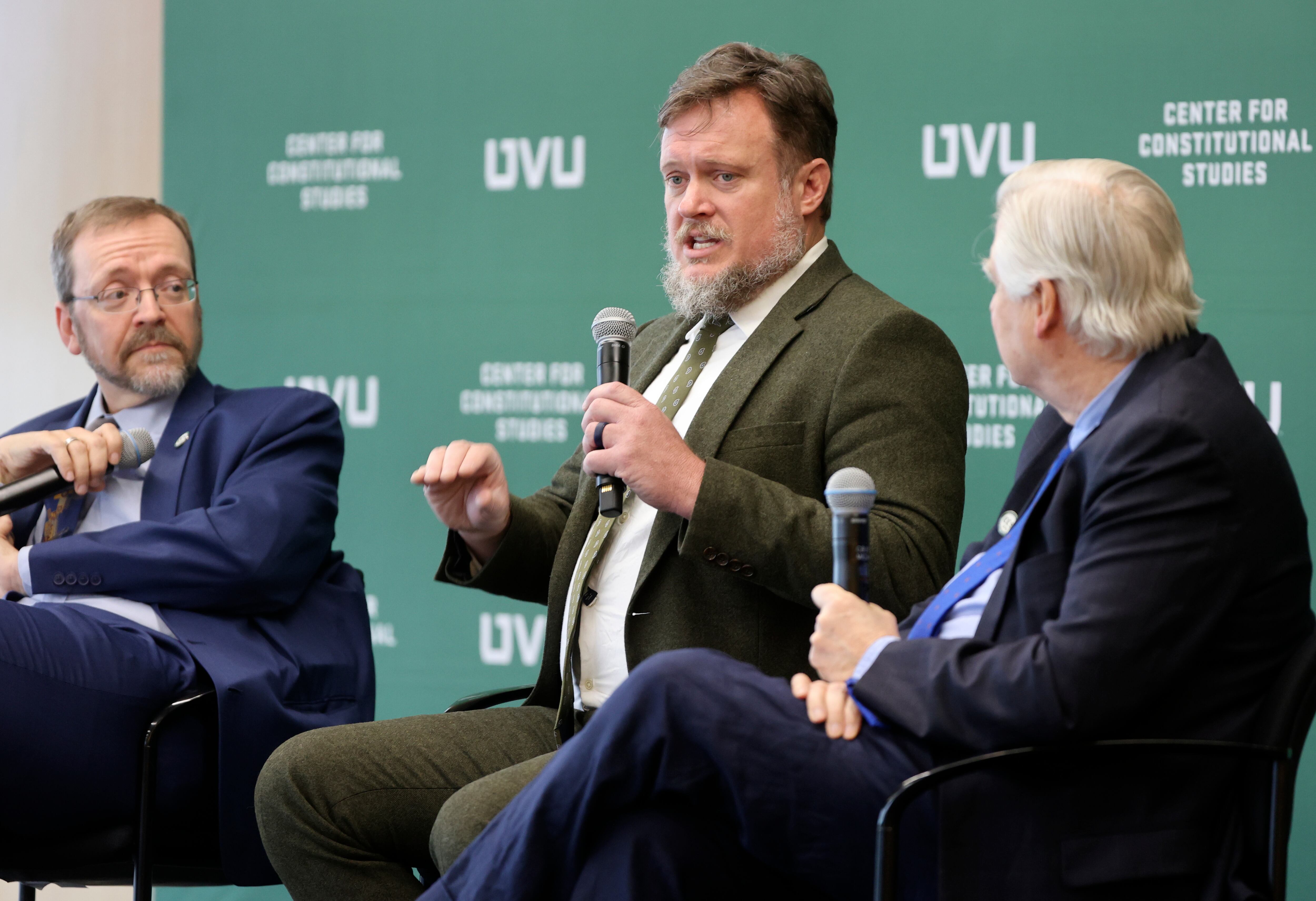 Timothy Sandefur, Goldwater Institute vice president for legal affairs, Owen Anderson, Arizona State University professor of philosophy and religious studies, and moderator Bradford P. Wilson, Center for Constitutional Studies distinguished visiting scholar, talk on a panel called “The Laws of Nature and Nature’s God: Religion and the Declaration” at the First Amendment Conference, hosted by Utah Valley University’s Center for Constitutional Studies, at UVU in Orem on Thursday.