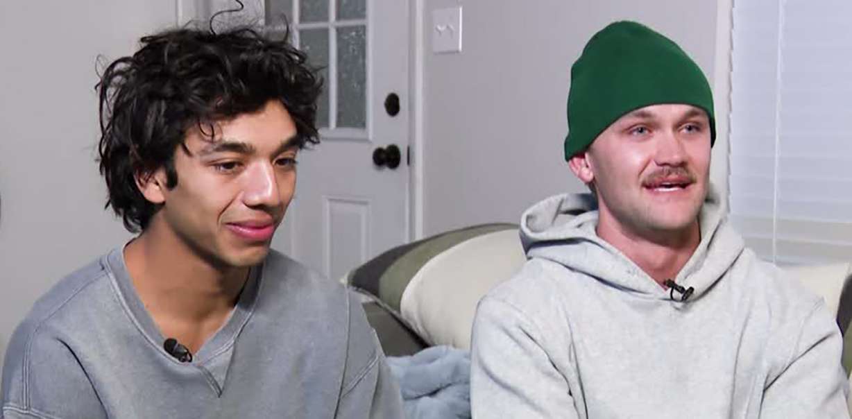 Breck Benard, left, and Landon Clayton, right, talk to KSL Thursday. The vehicle they were in slid off the road and ended up in the water of Provo Canyon.