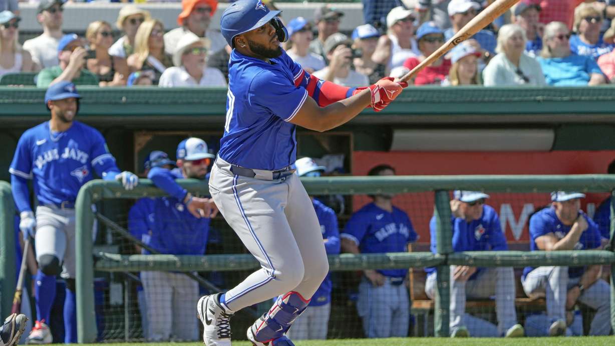 Toronto Blue Jays' Vladimir Guerrero Jr. hits a double in the fourth inning of a spring training baseball game against the Detroit Tigers, Monday, March 3, 2025, in Lakeland, Fla.