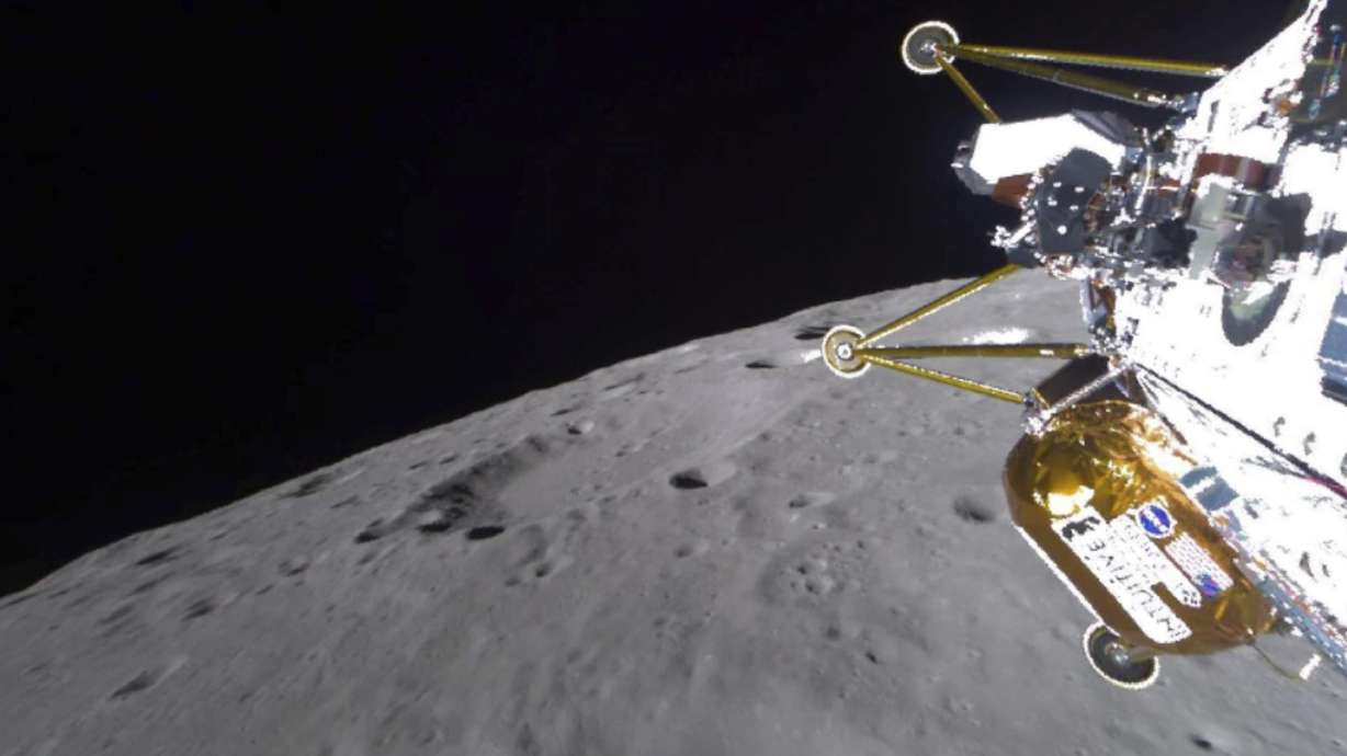 This photo provided by NASA shows the Intuitive Machines' Athena lander approaching the surface of the moon on Thursday. The lander was pronounced dead Friday after a botched landing attempt.
