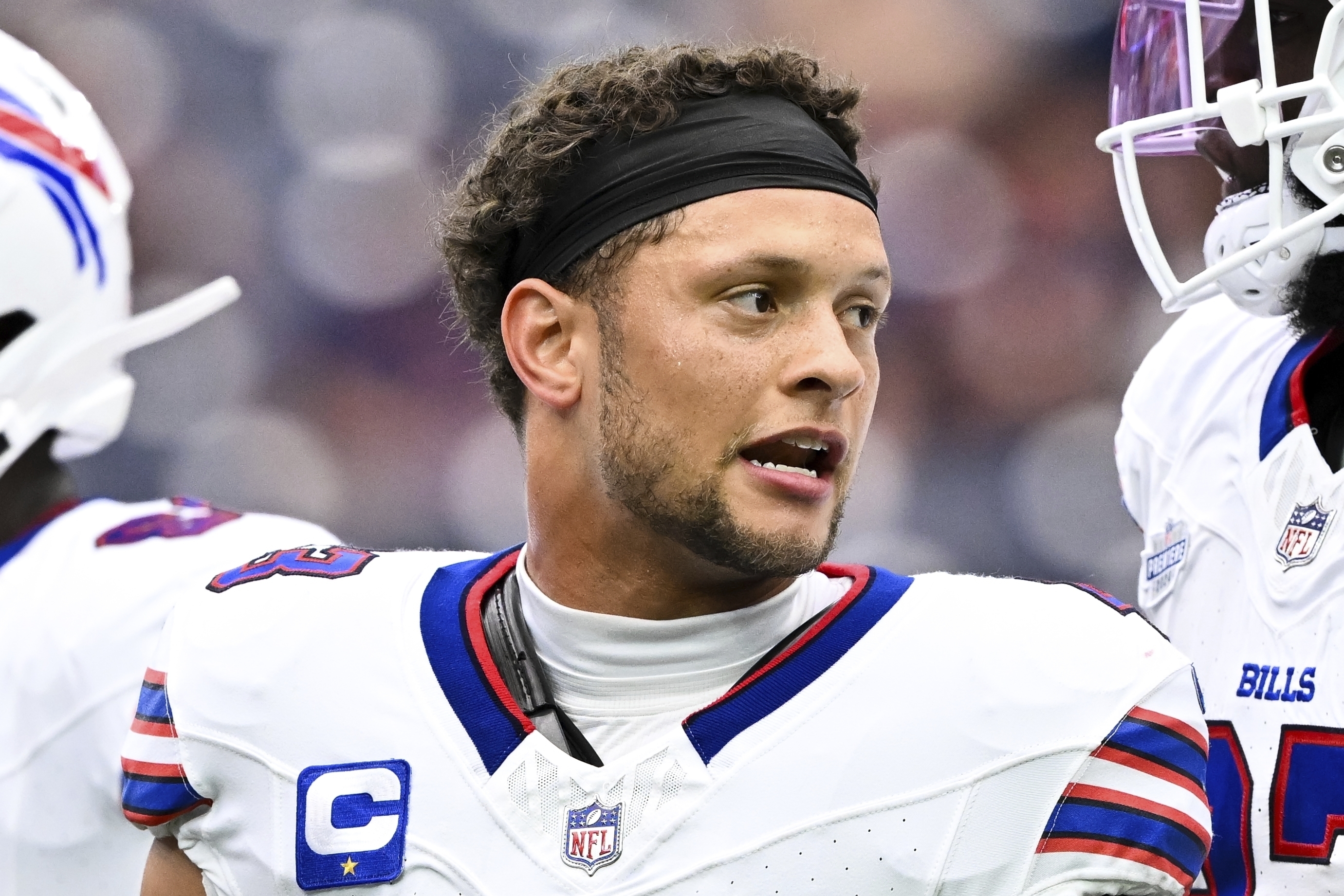 FILE - Buffalo Bills linebacker Terrel Bernard (43) looks on during warms up prior to an NFL football game against Houston Texans, Sunday, Oct 6, 2024 in Houston.