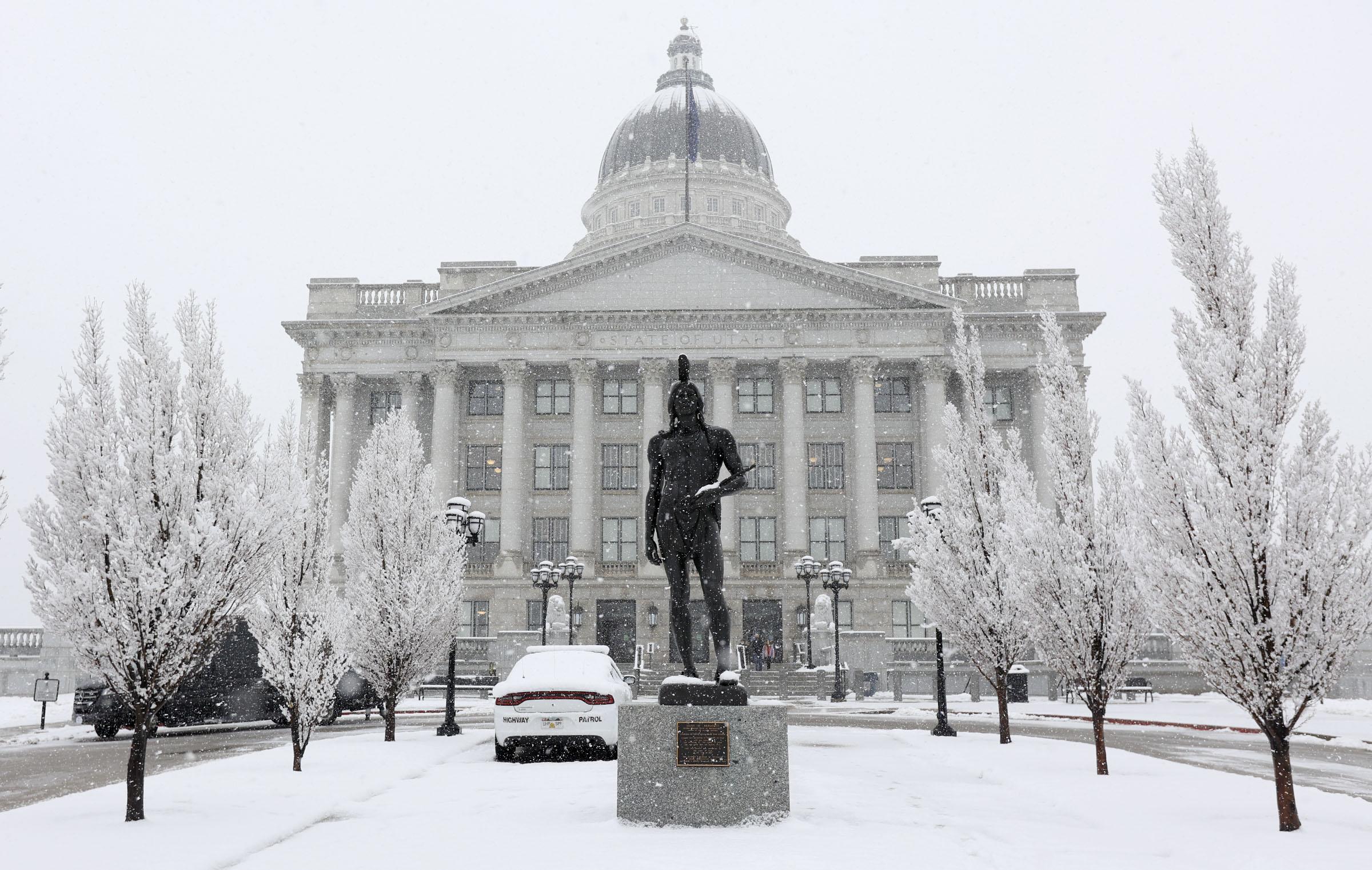 A statue of Chief Massasoit outside the Capitol in Salt Lake City on Feb. 5, 2021. Utah lawmakers kicked off the final day of the general legislative session on a snowy Friday morning.