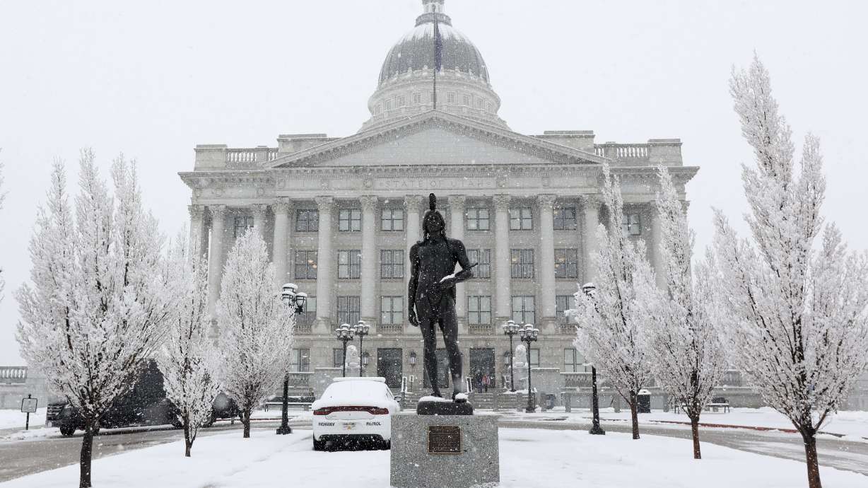 A statue of Chief Massasoit outside the Capitol in Salt Lake City on Feb. 5, 2021. Utah lawmakers kicked off the final day of the general legislative session on a snowy Friday morning.