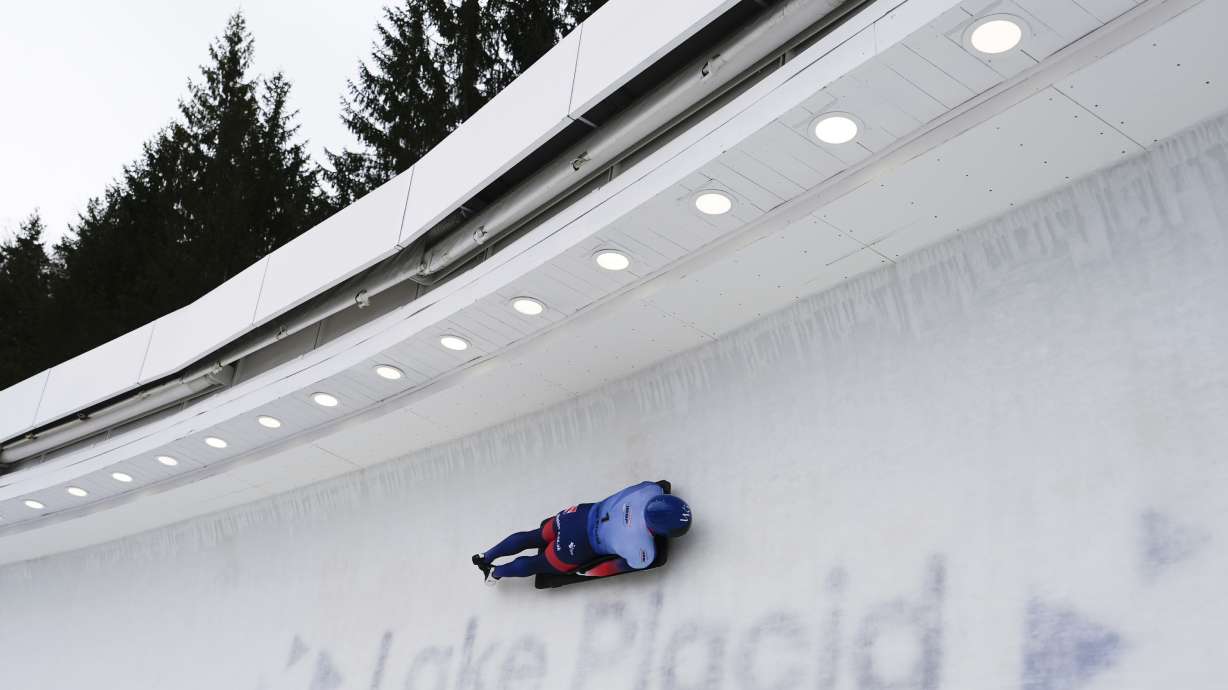 Matt Weston, of Britain, slides during his second run at the skeleton world championships, Thursday, March 6, 2025, in Lake Placid, N.Y.