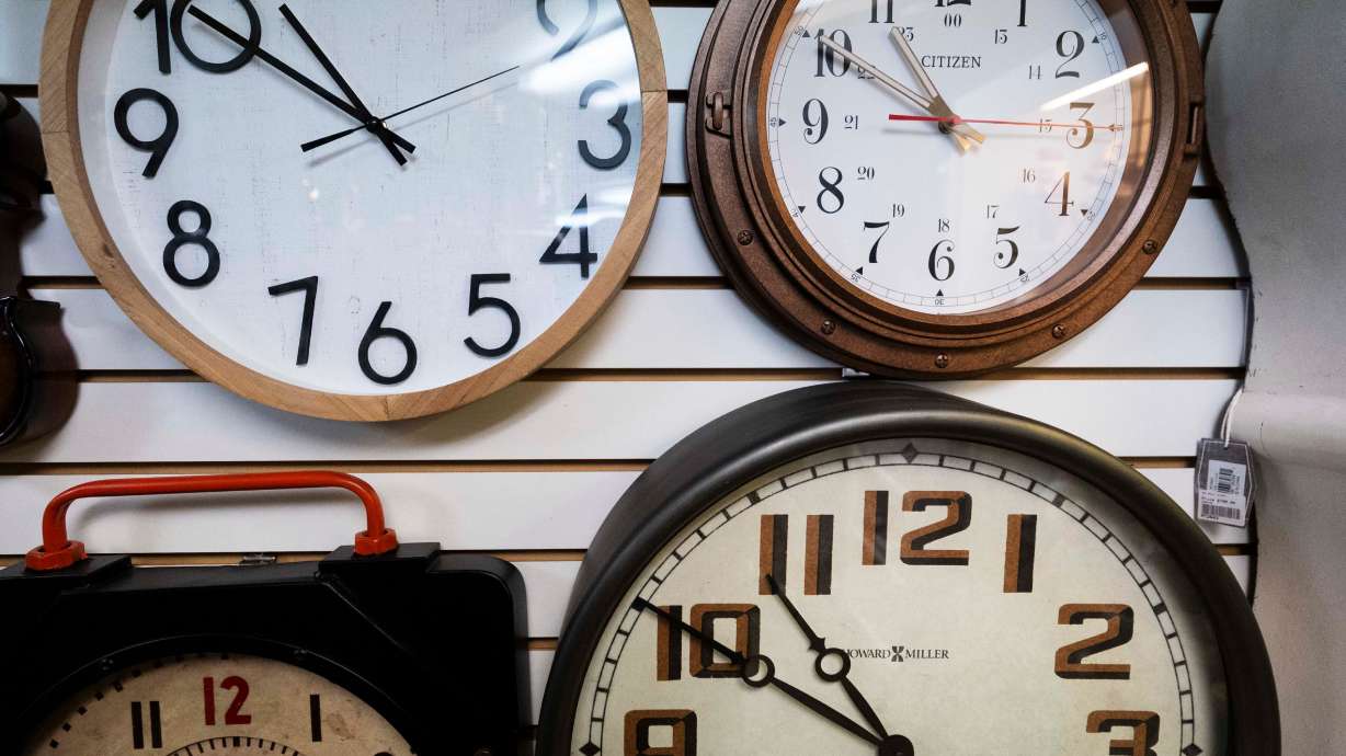 Clocks on the sales floor of Mt. Olympus Clock Shop in Millcreek on Tuesday. Utah Rep. Celeste Maloy introduced a bill in Washington to eliminate daylight saving time this week.