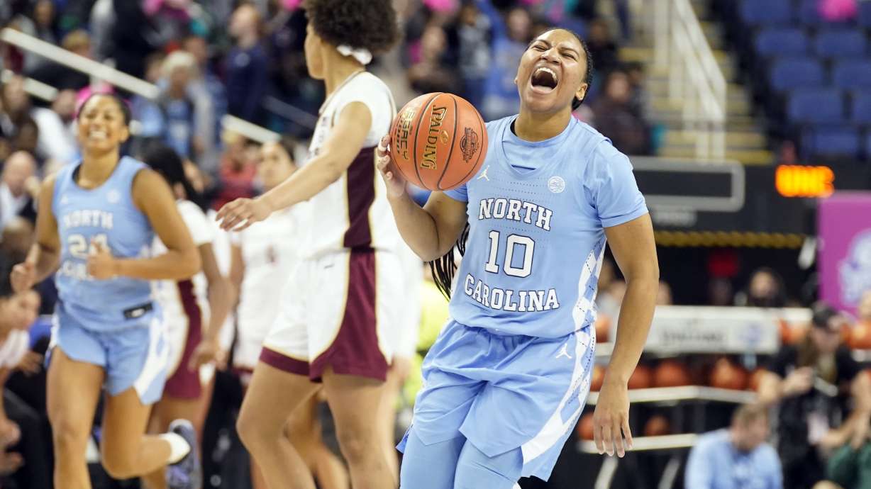 North Carolina guard Reniya Kelly (10) celebrates after North Carolina defeated Florida State in an NCAA college basketball game in the quarterfinals of the Atlantic Coast Conference tournament Greensboro, N.C., Friday, March 7, 2025.