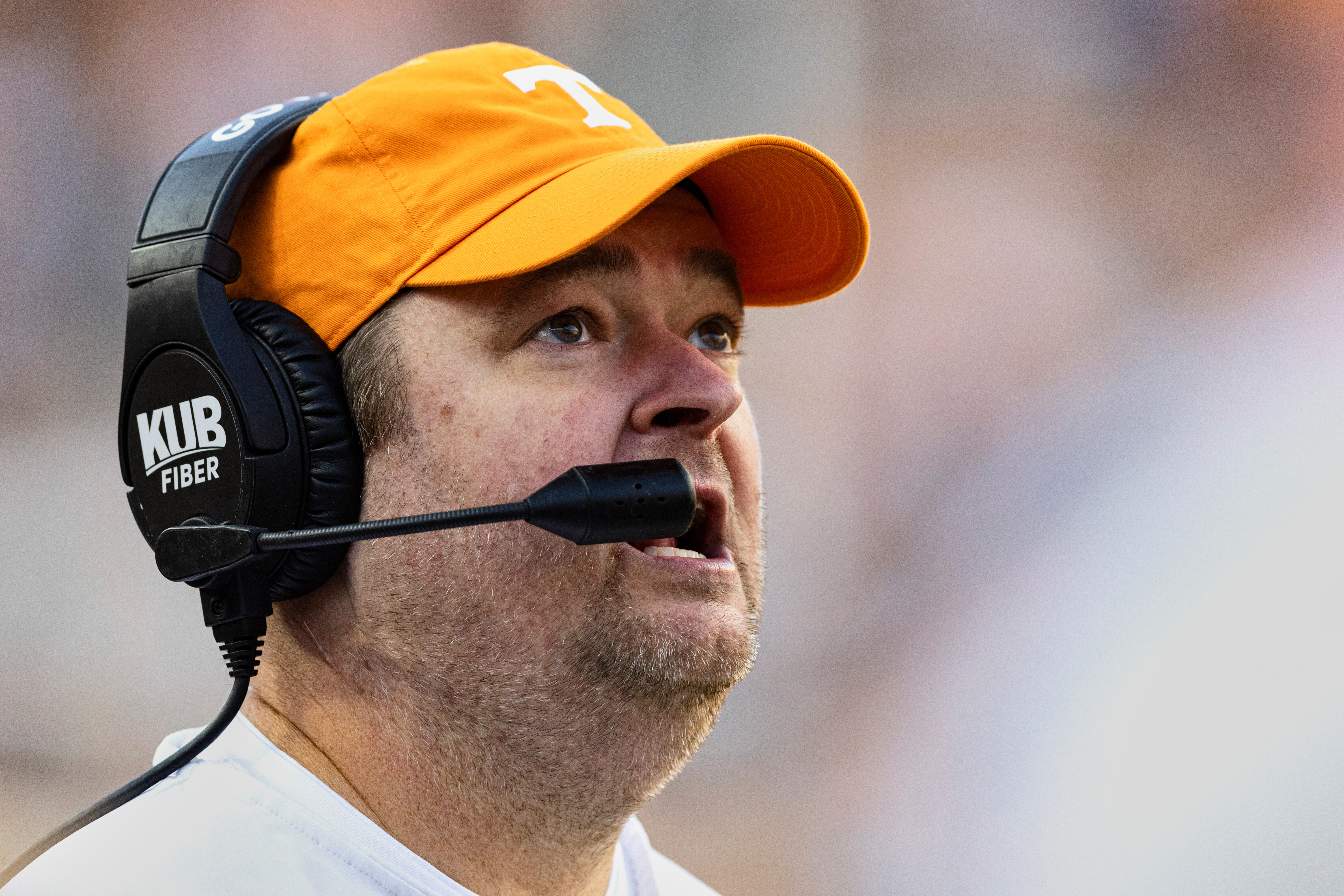 FILE - Tennessee head coach Josh Heupel looks to the Jumbotron during the second half of an NCAA college football game against UTEP, Saturday, Nov. 23, 2024, in Knoxville, Tenn. 