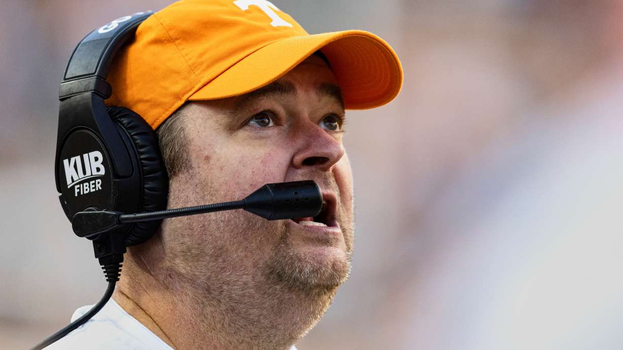 FILE - Tennessee head coach Josh Heupel looks to the Jumbotron during the second half of an NCAA college football game against UTEP, Saturday, Nov. 23, 2024, in Knoxville, Tenn.