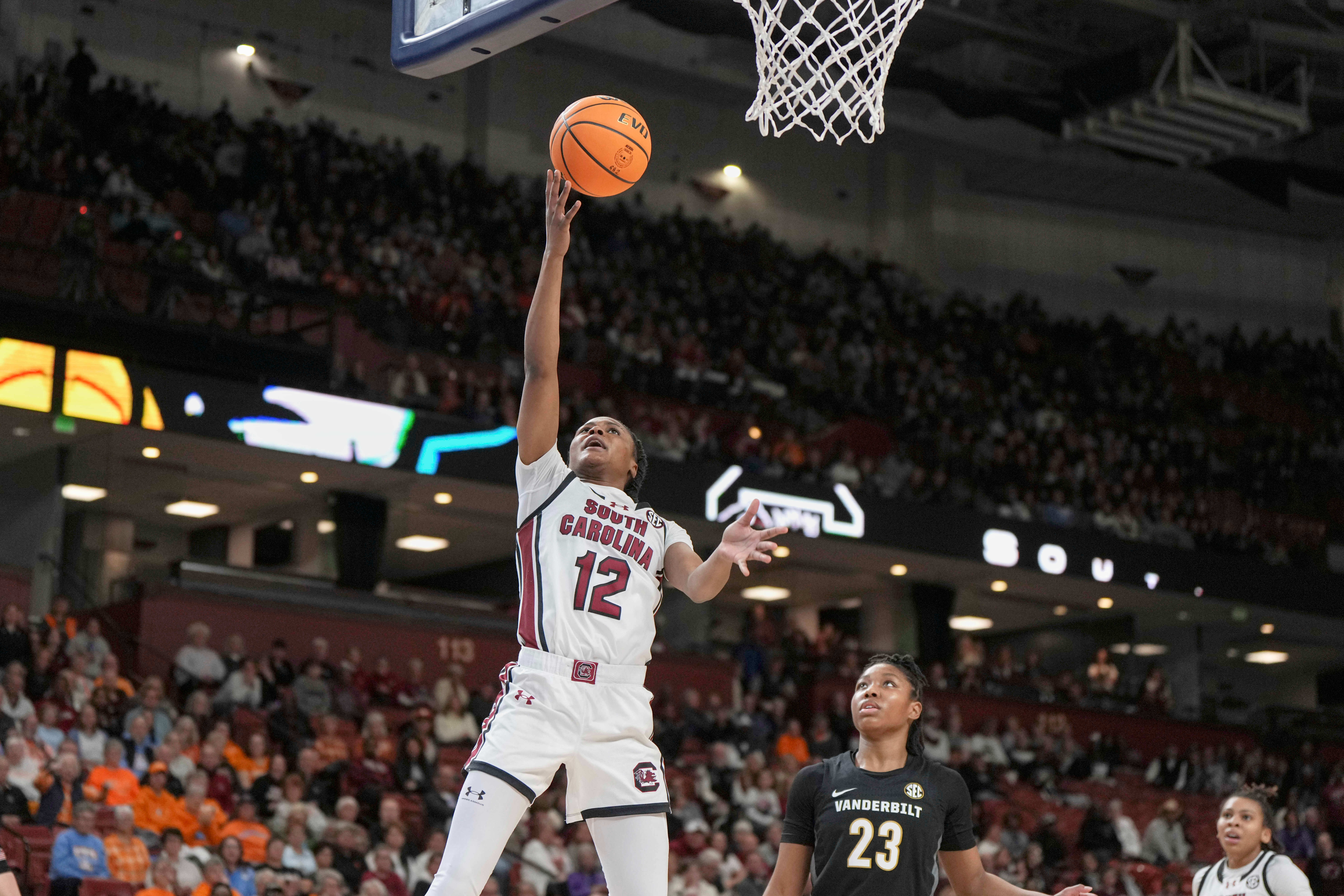 South Carolina guard MiLaysia Fulwiley (12) shoots during an NCAA college basketball game against Vanderbilt in the quarterfinals of the Southeastern Conference tournament, Friday, March 7, 2025, in Greenville, S.C. 