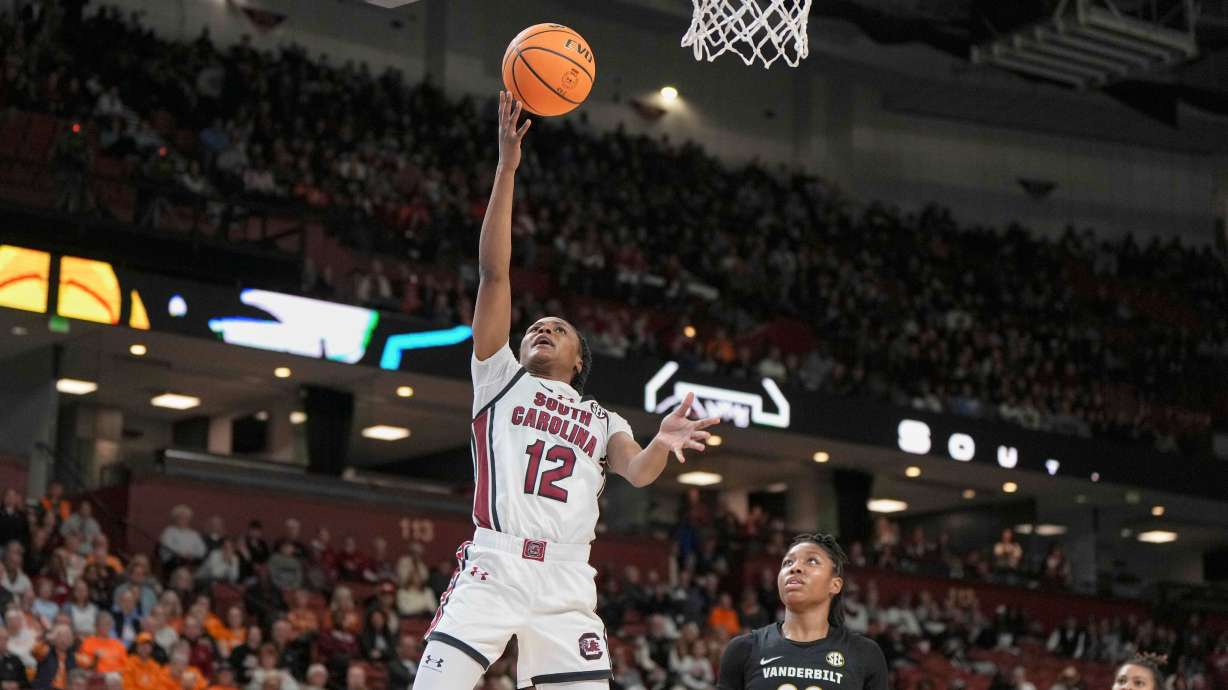 South Carolina guard MiLaysia Fulwiley (12) shoots during an NCAA college basketball game against Vanderbilt in the quarterfinals of the Southeastern Conference tournament, Friday, March 7, 2025, in Greenville, S.C.