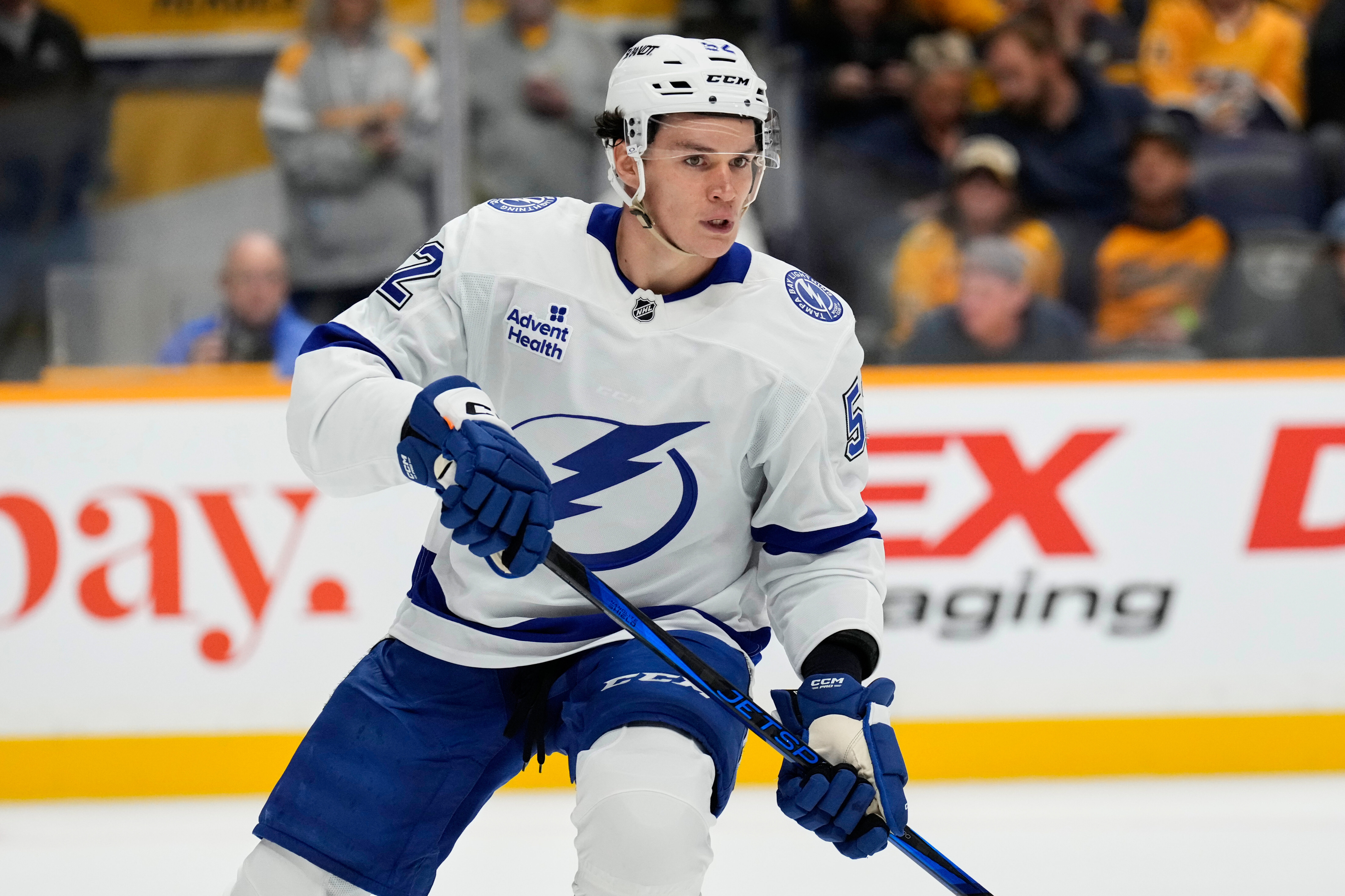 FILE- Tampa Bay Lightning's Maxim Groshev (52) plays against the Nashville Predators during the second period of a preseason NHL hockey game Saturday, Sept. 28, 2024, in Nashville, Tenn. 