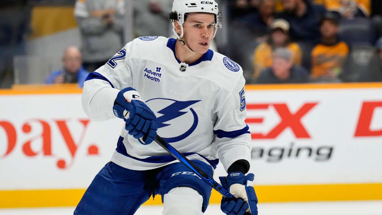 FILE- Tampa Bay Lightning's Maxim Groshev (52) plays against the Nashville Predators during the second period of a preseason NHL hockey game Saturday, Sept. 28, 2024, in Nashville, Tenn.