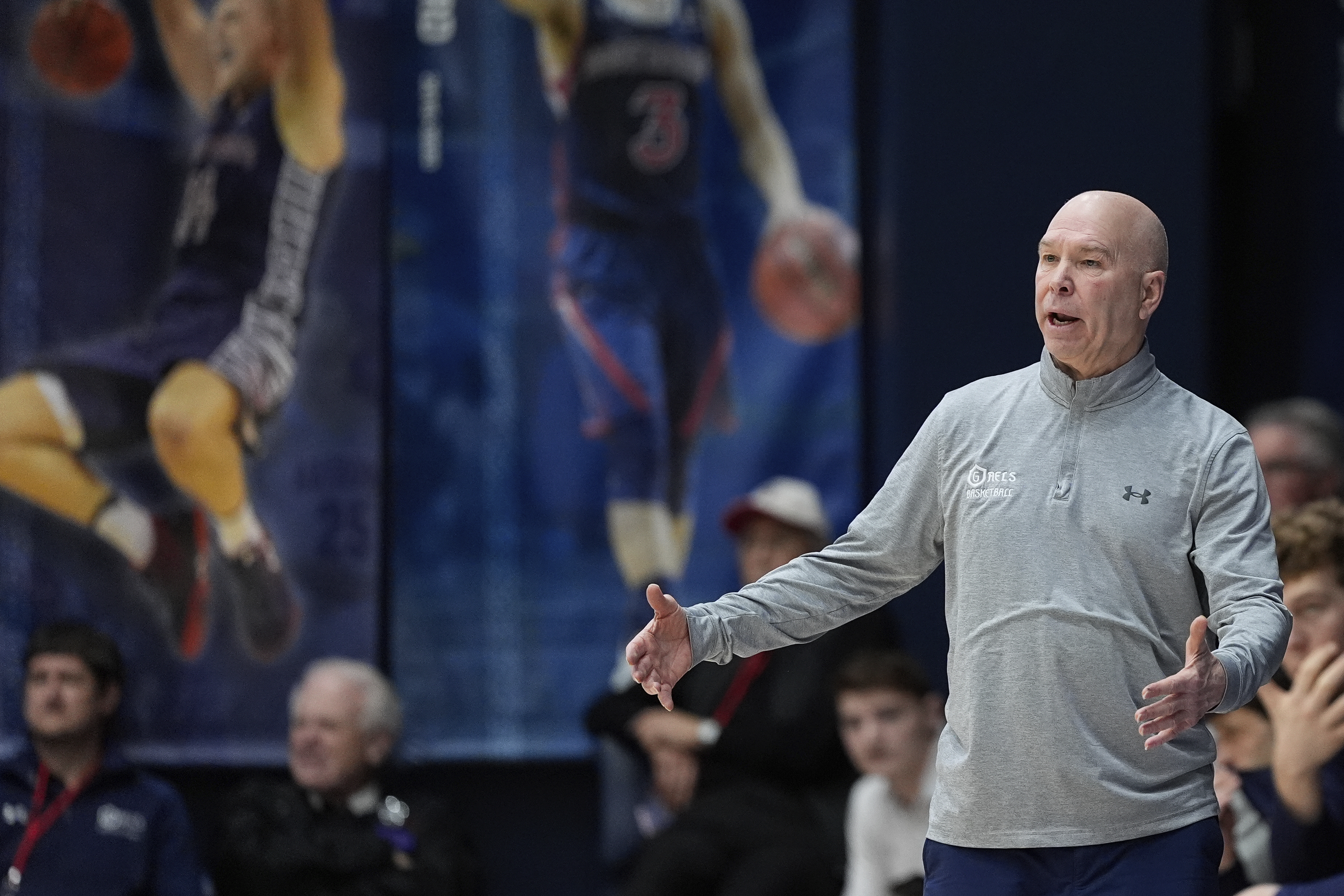 Saint Mary's head coach Randy Bennett gestures during the first half of an NCAA college basketball game against Oregon State, Saturday, March 1, 2025, in Moraga, Calif. 