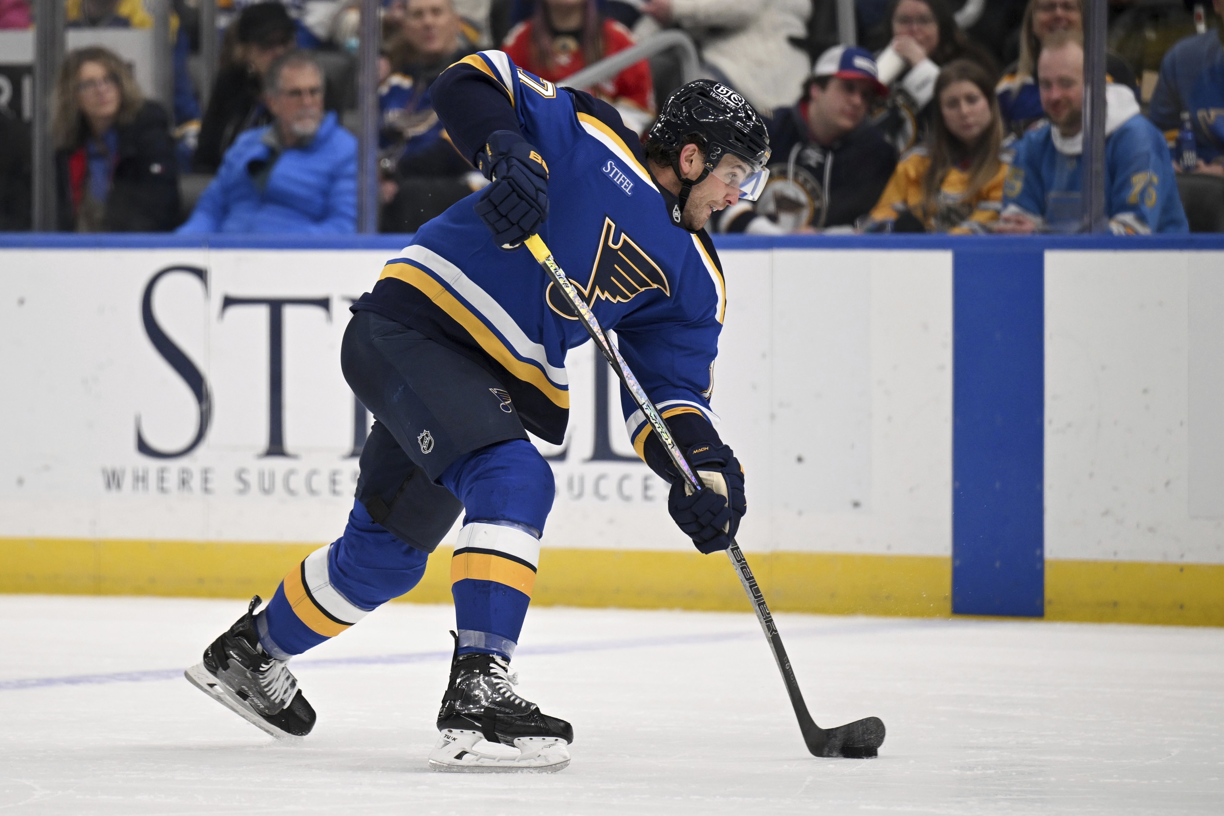 St. Louis Blues' Cam Fowler (17) shoots the puck against the Florida Panthers' during the second period of an NHL hockey game Thursday, Feb. 6, 2025, in St. Louis. 