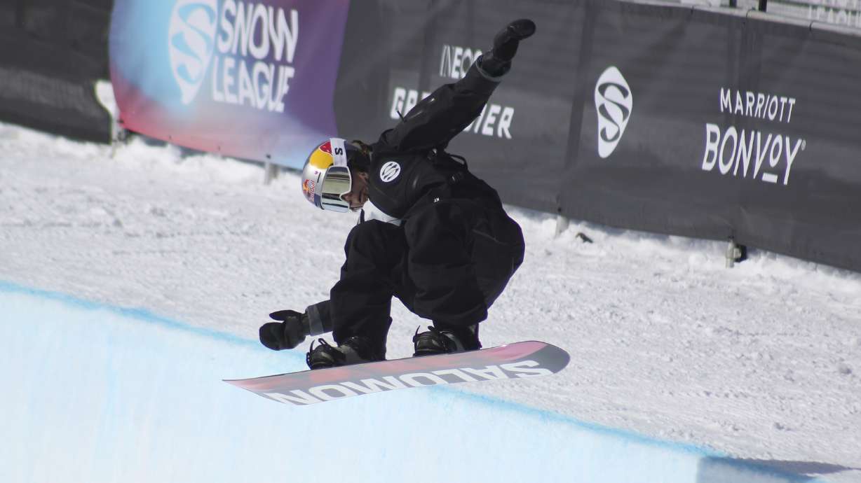 Maddie Mastro completes her first qualifying run during The Snow League snowboarding competition Friday, March 7, 2025, in Aspen, Colo.