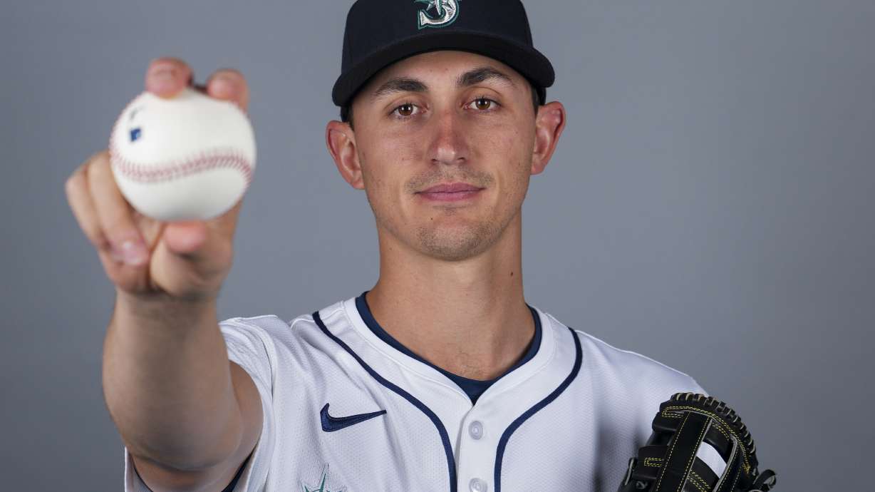 FILE - This is a 2025 photo of starting pitcher George Kirby of the Seattle Mariners baseball team. This image reflects the Seattle Mariners active roster as of Thursday, Feb. 20, 2025, when this image was taken.