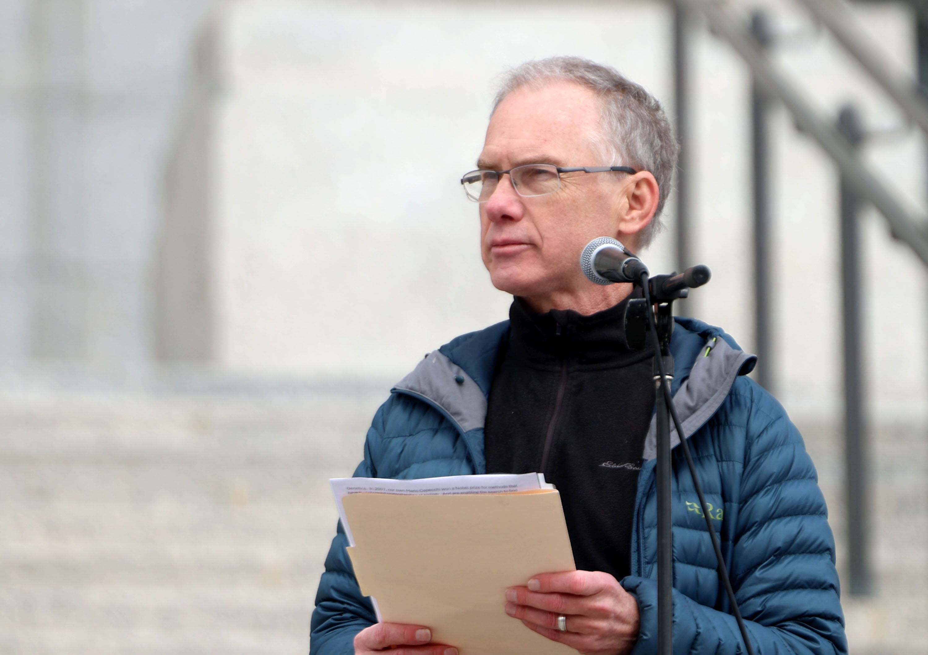 Chris Hill, a biochemistry professor at the University of Utah, speaks at a Stand Up for Science rally at the Capitol in Salt Lake City on Friday.