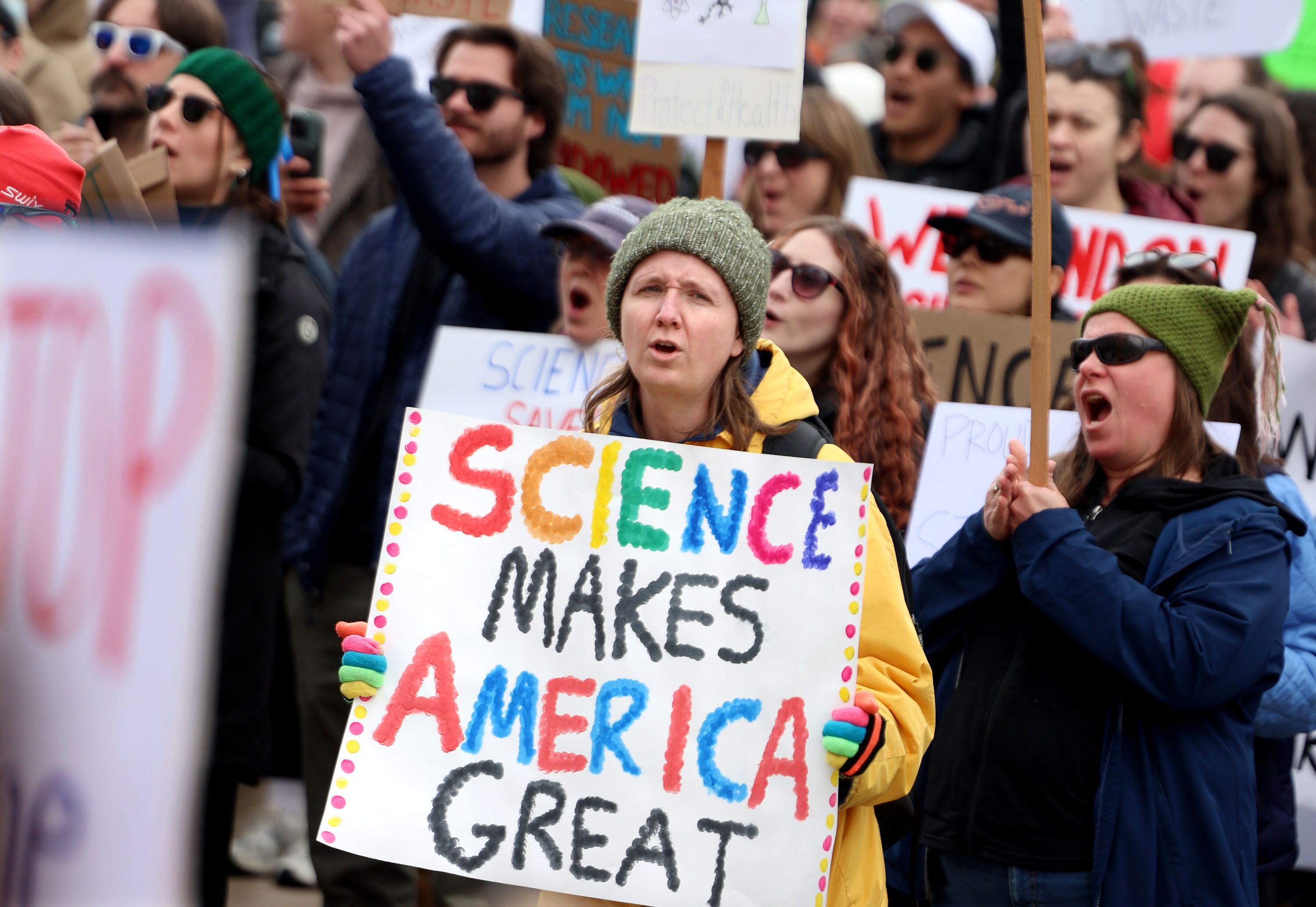 Darci Stone, a junior high school science teacher, attends a Stand Up for Science rally at the Capitol in Salt Lake City on Friday. The rally — aimed at ensuring that science remains a “driving force for innovation, progress and the well-being of all Utahns” — happened at an uncertain moment for medical research and other scientific endeavors.