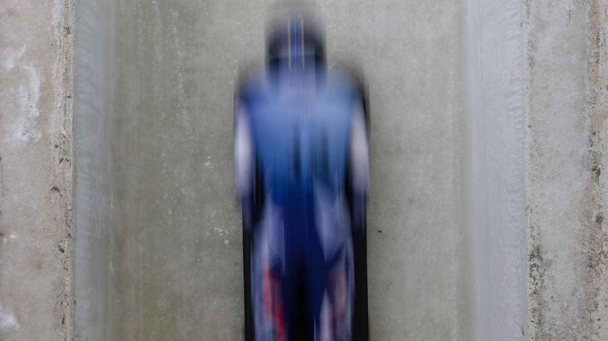 Kimberley Bos, of The Netherlands, slides during third run at the skeleton world championships, Friday, March 7, 2025, in Lake Placid, N.Y.