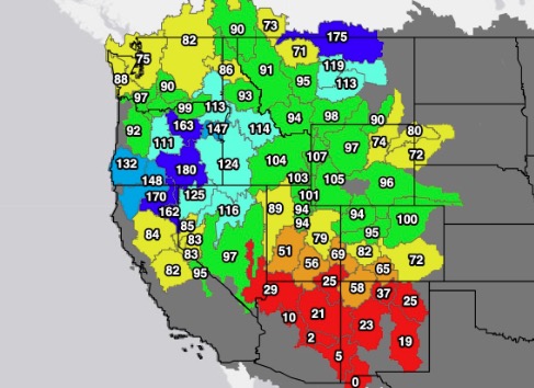 This map shows snowpack levels in relation to median average as of March 2.