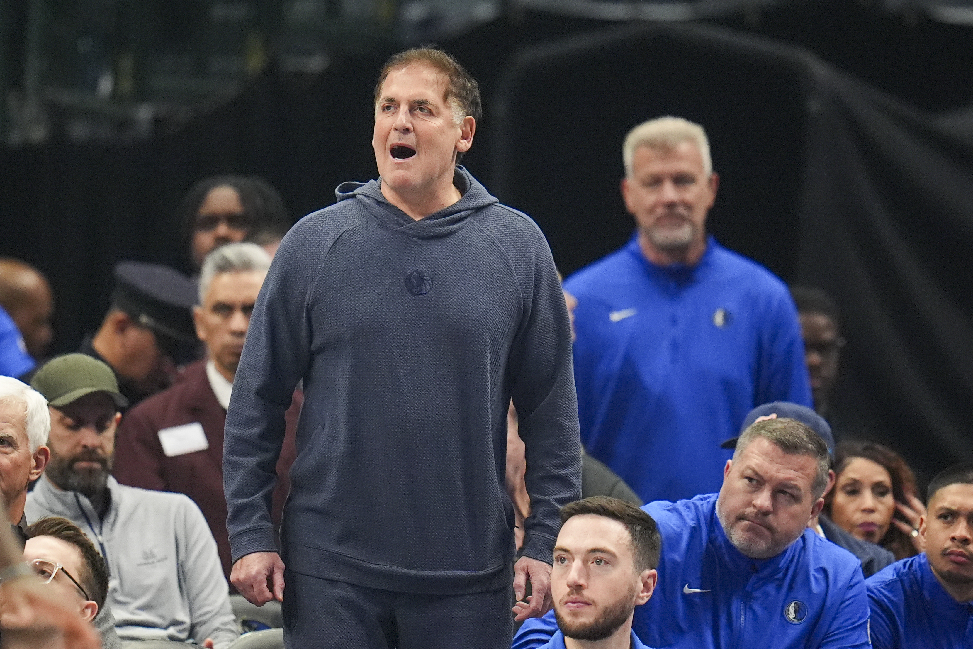 Mark Cuban reacts during the first half of an NBA basketball game between the Dallas Mavericks and the Miami Heat Thursday, Feb. 13, 2025, in Dallas. 
