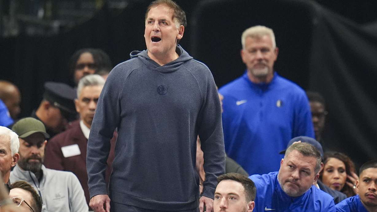 Mark Cuban reacts during the first half of an NBA basketball game between the Dallas Mavericks and the Miami Heat Thursday, Feb. 13, 2025, in Dallas.