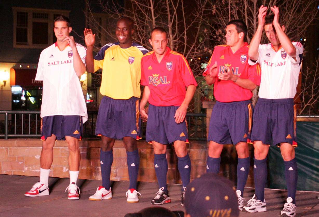 Members of the Real Salt Lake Major League Soccer team model their new jersey designs during a celebration in Park City on Saturday, March 12, 2005.