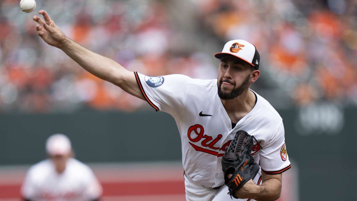 FILE - Baltimore Orioles starting pitcher Grayson Rodriguez throws during the first inning of a baseball game against the Toronto Blue Jays, Wednesday, July 31, 2024, in Baltimore.
