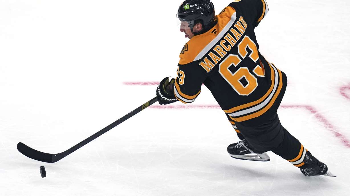 Boston Bruins left wing Brad Marchand skates against the Toronto Maple Leafs during the second period of an NHL hockey game, Tuesday, Feb. 25, 2025, in Boston.