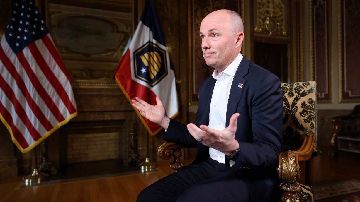 Gov. Spencer Cox in an interview on the final day of the legislative session at the Capitol in Salt Lake City on March 7. He vetoed a bill Monday that would have changed change how state property taxes are collected for local schools.