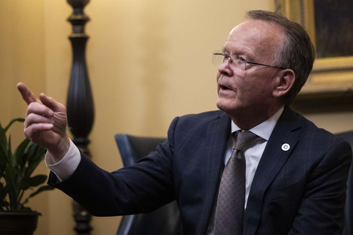 Senate President Stuart Adams answers questions from the media on the last day of the 2025 legislative session, in the Senate President’s Office, at the Capitol in Salt Lake City on Friday.
