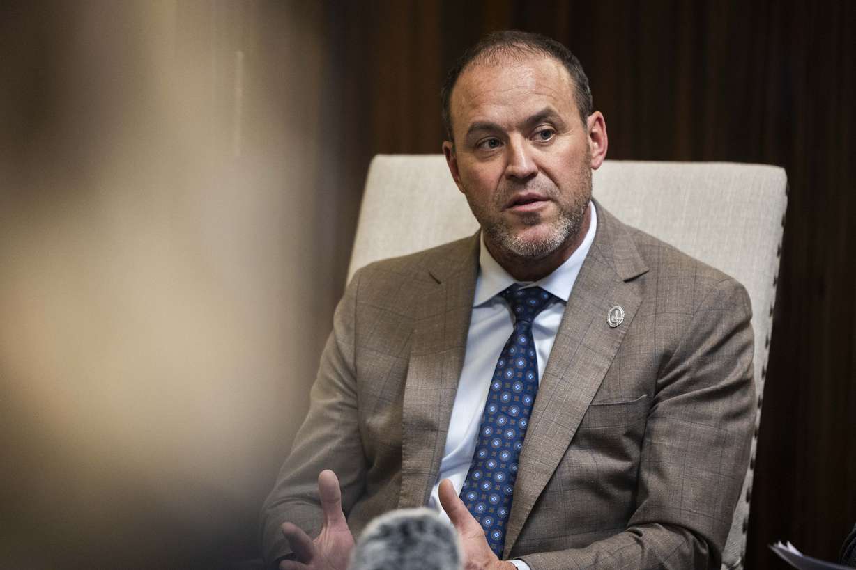 House Speaker Mike Schultz answers questions asked by the media, in his office at the Capitol in Salt Lake City on Friday, March 7, 2025.