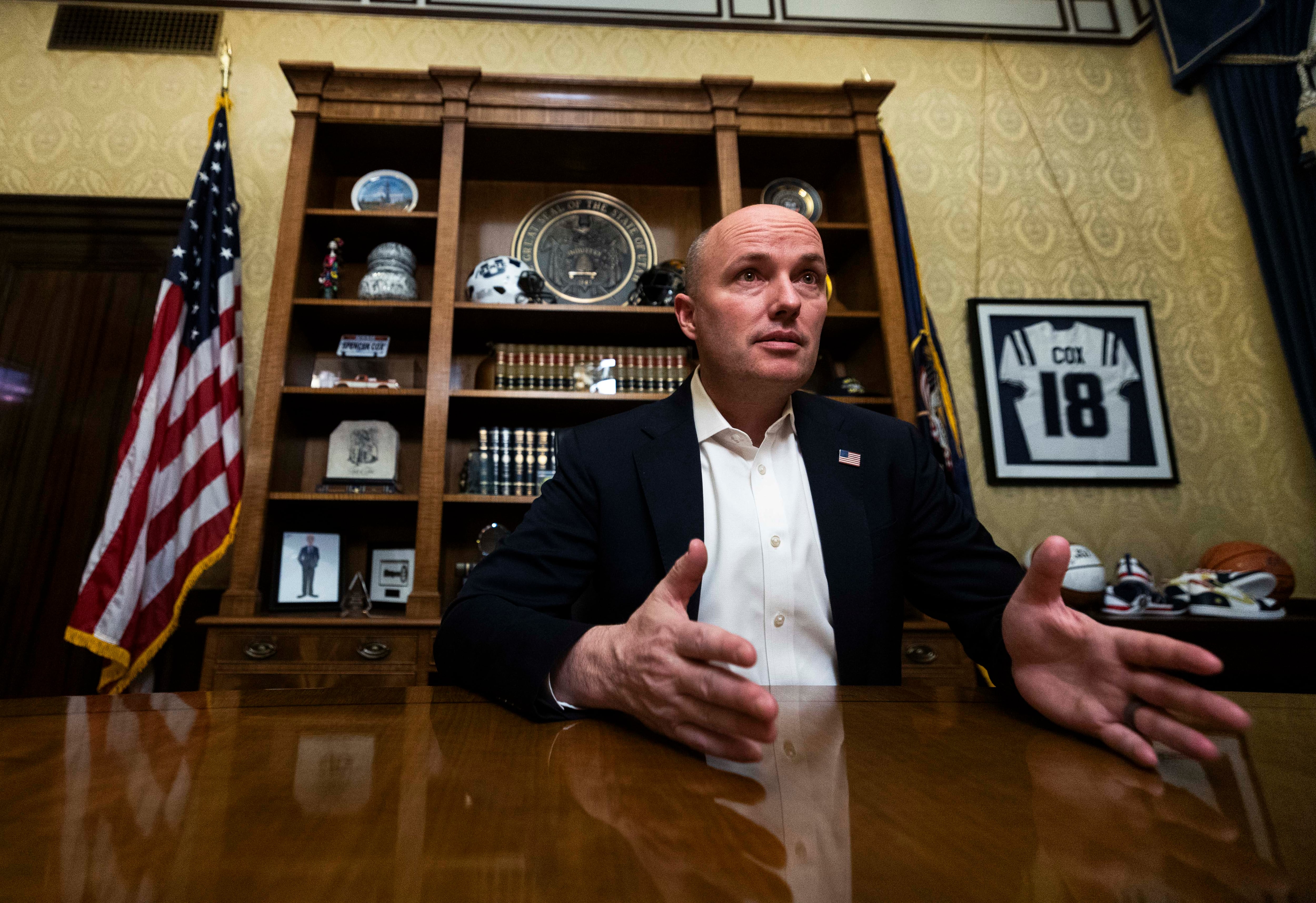 Gov. Spencer Cox answers questions during an interview with the Deseret News in his formal office on the last day of the 2025 legislative session at the Capitol in Salt Lake City on Friday.