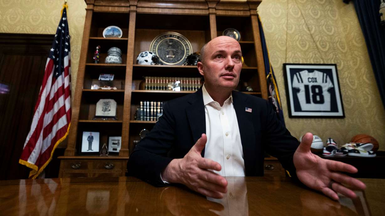 Gov. Spencer Cox answers questions during an interview with the Deseret News in his formal office on the last day of the 2025 legislative session at the Capitol in Salt Lake City on Friday.