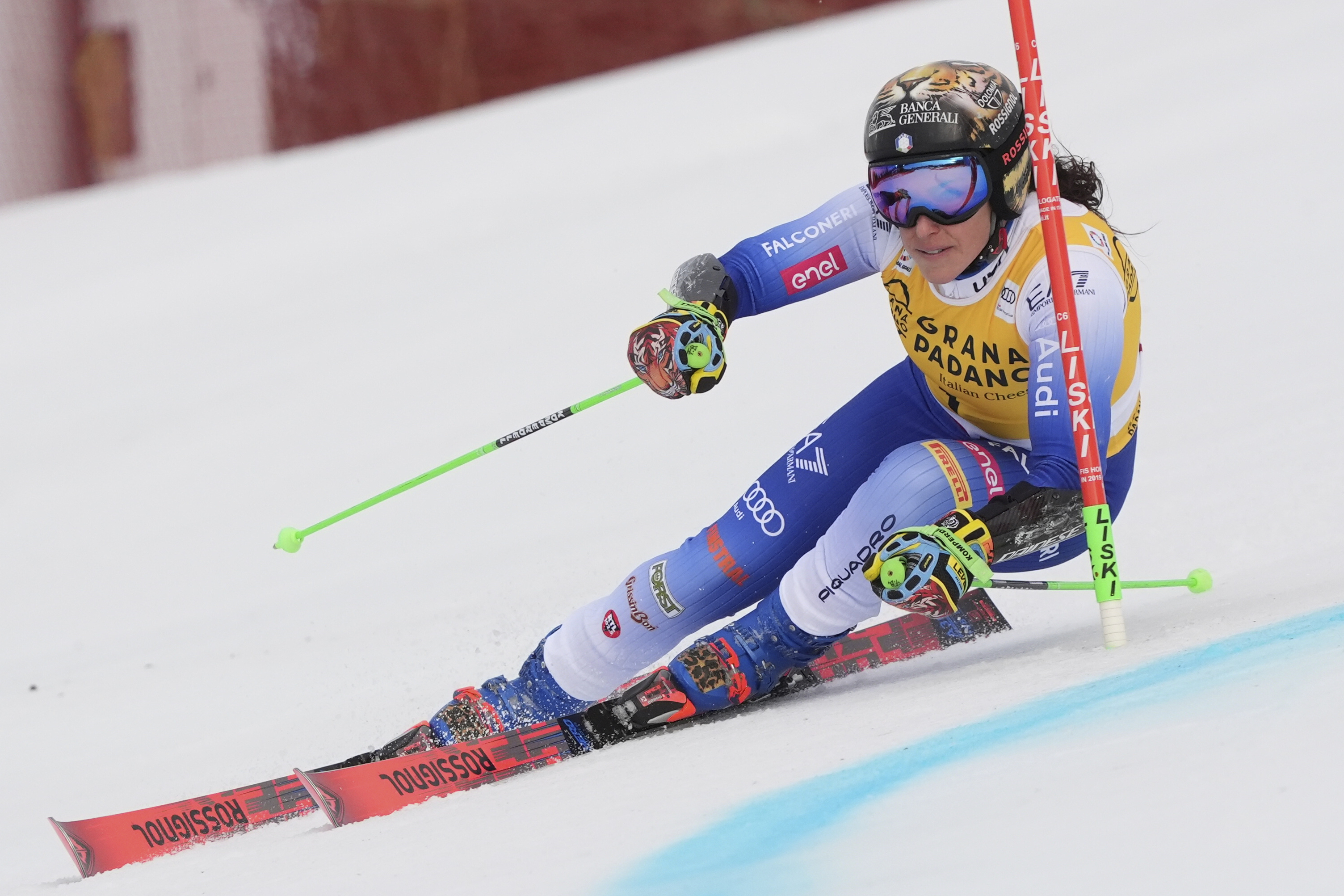 Italy's Federica Brignone speeds down the course during an alpine ski, women's World Cup giant slalom in Are, Sweden, Saturday, March 8, 2025.